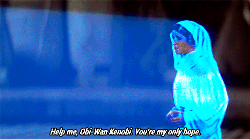 help me, obi-wan kenobi, you're my only hope, www.nerdatron.com, star wars princess leia quotes.gif